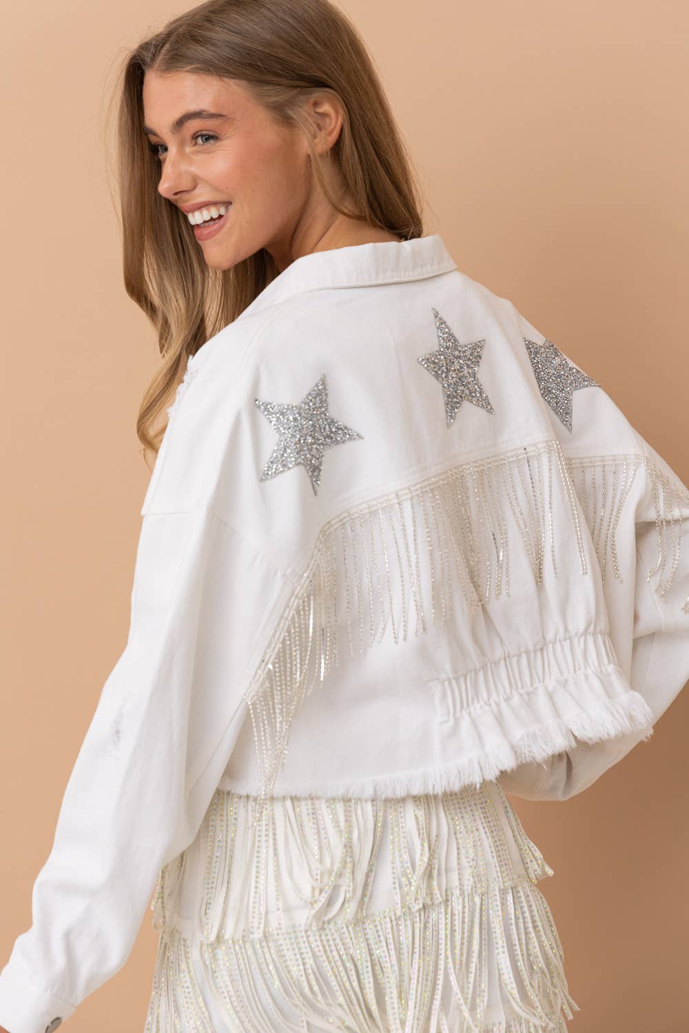 Last one- medium Star Rhinestone Fringe Denim Jacket