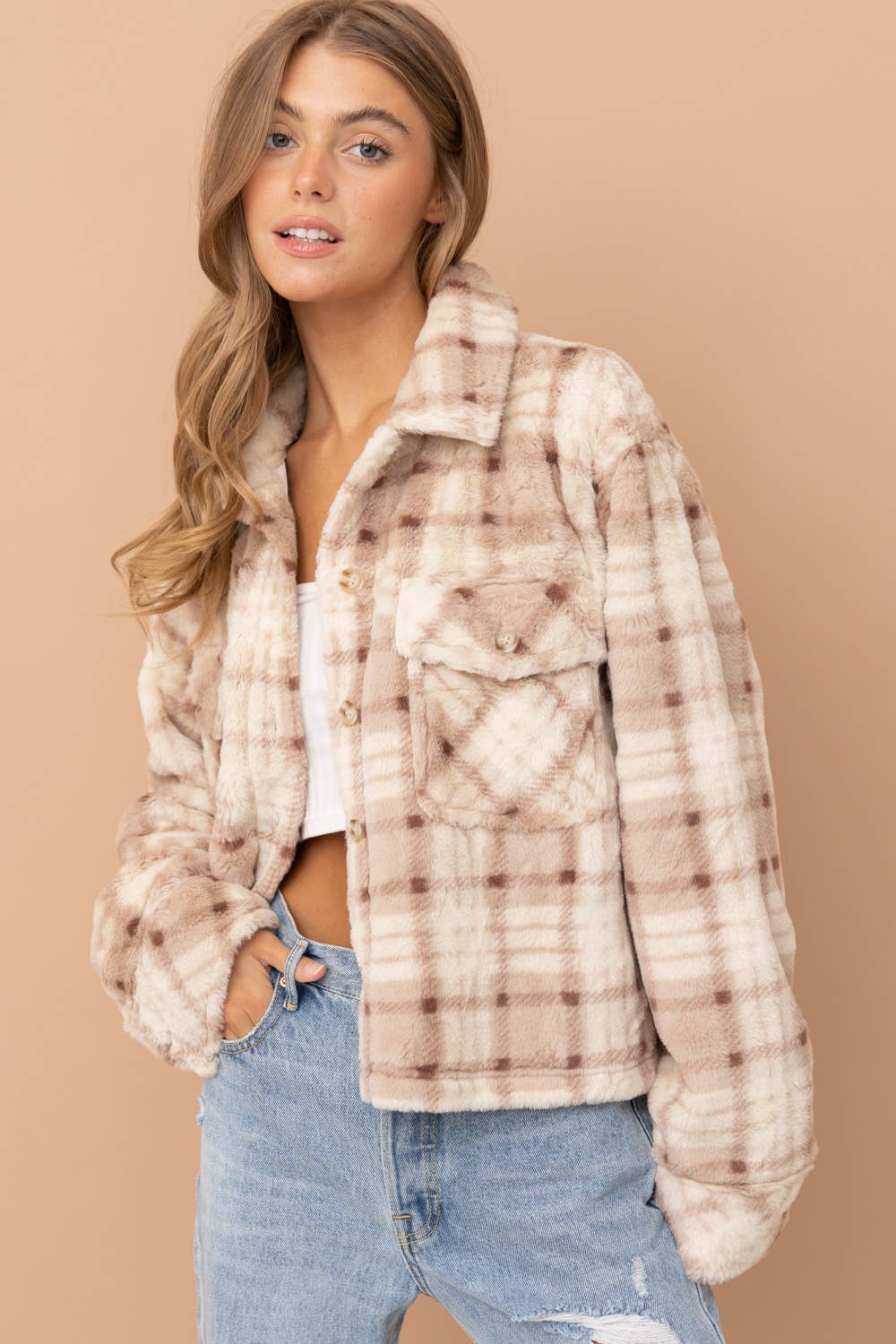 Last one: medium Fuzzy Plaid Button Up Jacket